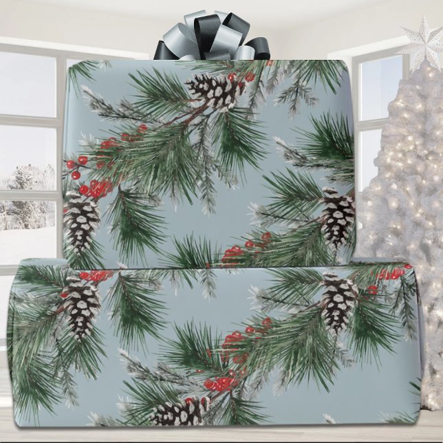 Papel De Presente Verde Pine Spruce Cones Red Berries Azul (Criador carregado)