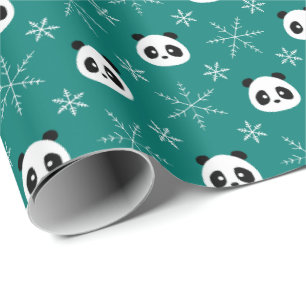 Papel De Presente Verde-pinheiro - Pandas-brancas com Flocos de Neve