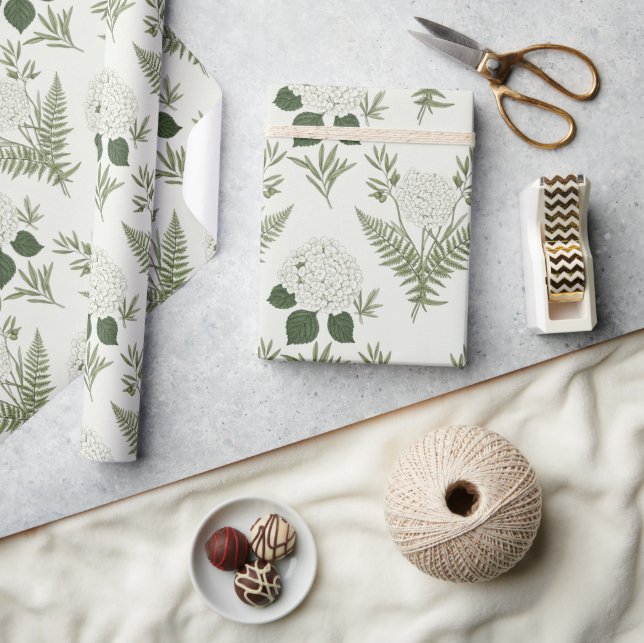 Papel De Presente Verde Salvia Botânico Samambaia & Hortênsia (Artesanato)