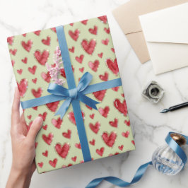 Papel De Presente Verde Salvia | Corações de Aquarela com Brilho Fal