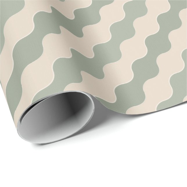 Papel De Presente Verde Salvia e Creme Onda Fluindo Luxo Geométrico (Ponta do rolo)