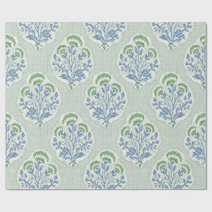 Papel De Presente Verde Salvia e Floral Block Print Azul