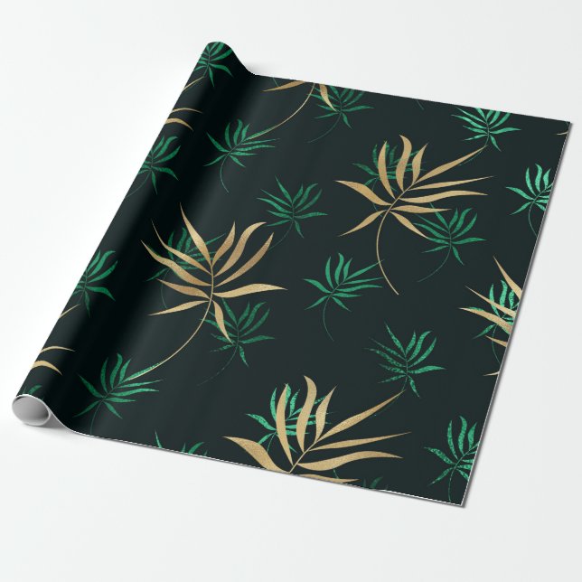 Papel De Presente Verde tropical exótico e Dourado (Desenrolado)