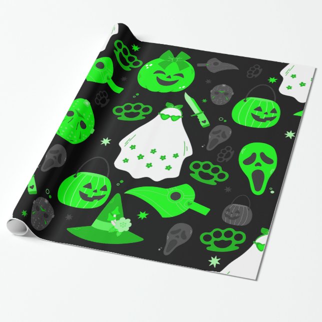 Papel De Presente verde-verde-ácido-fantasma floral de halloween (Desenrolado)