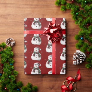 Papel De Presente Verde Vermelho Feliz Árvores de Natal Snowman