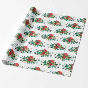 Papel De Presente Verde Vermelho Moderno e Dourado Natal Floral