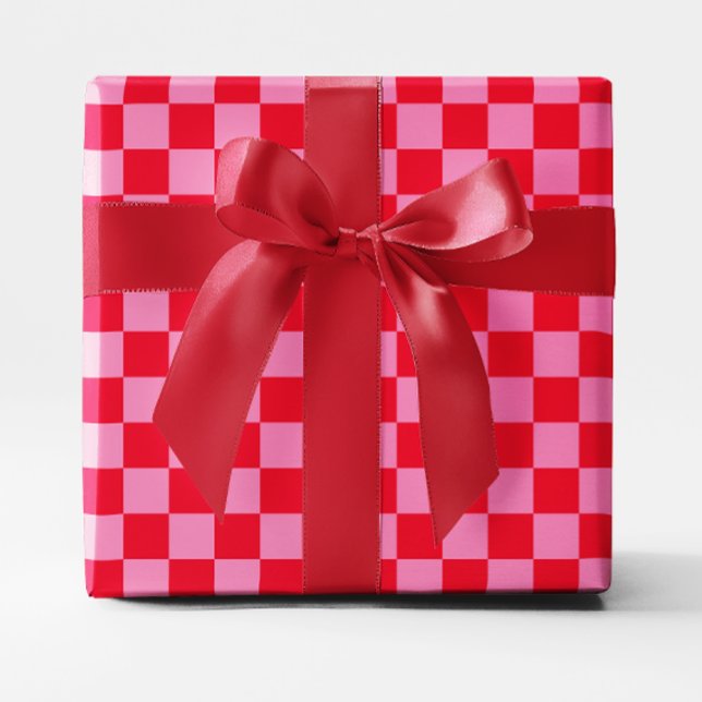 Papel De Presente Verificado em vermelho e rosa (Bright Red and Pink Checkered Wrapping Paper)