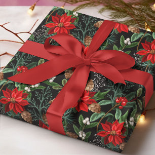 Papel De Presente Vermelha Poinsettia Christmas Musgo Pinha Natal