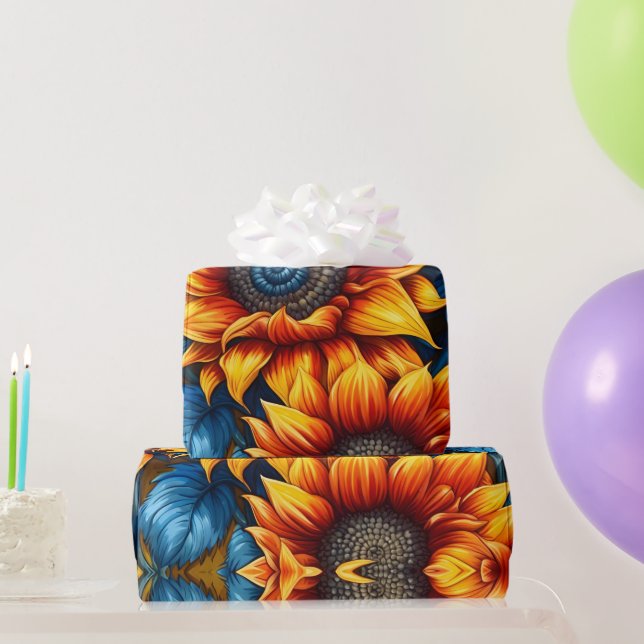 Papel De Presente Vermelho-amarelo-sunflores e azul (Presentes para festas)