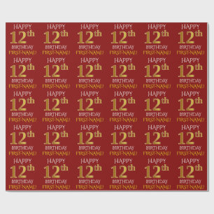 Papel De Presente Vermelho, ANIVERSÁRIO FELIZ Dourado do falso "12o