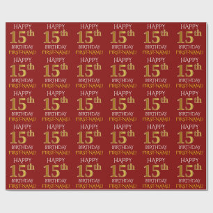 Papel De Presente Vermelho, ANIVERSÁRIO FELIZ Dourado do falso "15o