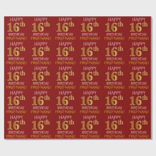 Papel De Presente Vermelho, ANIVERSÁRIO FELIZ Dourado do falso "16o