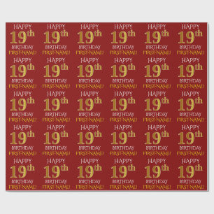 Papel De Presente Vermelho, ANIVERSÁRIO FELIZ Dourado do falso "19o