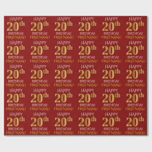 Papel De Presente Vermelho, ANIVERSÁRIO FELIZ Dourado do falso "20o