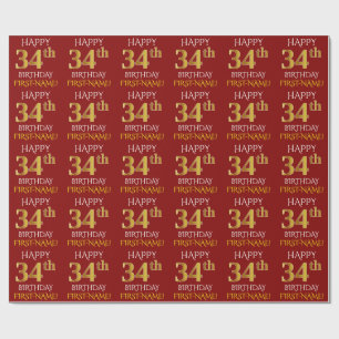 Papel De Presente Vermelho, ANIVERSÁRIO FELIZ Dourado do falso "34o