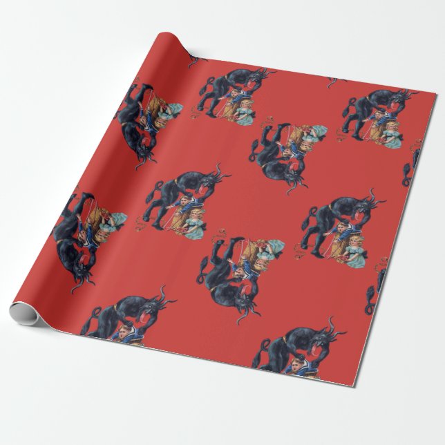 Papel De Presente vermelho antigo do krampus de natal feio (Desenrolado)