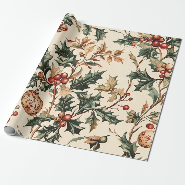 Papel De Presente Vermelho Antigo Verde Azevinho Bronze Enfeite Inve (Desenrolado)