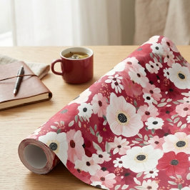 Papel De Presente Vermelho Borgonha e Anêmona Floral Cor-de-Rosa