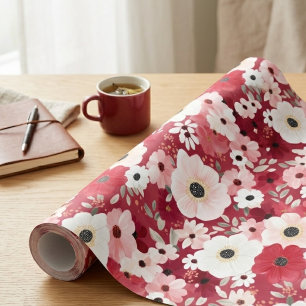 Papel De Presente Vermelho Borgonha e Anêmona Floral Cor-de-Rosa
