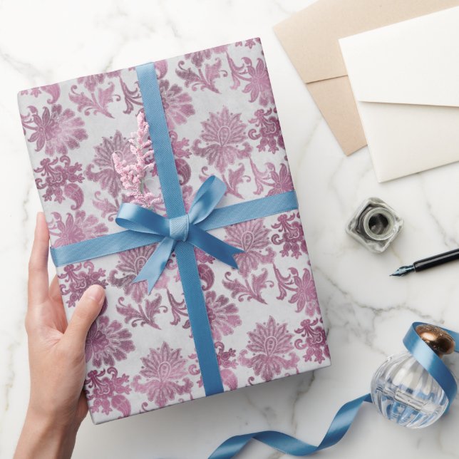 Papel De Presente Vermelho Borgonha Floral Prata (Presentear)