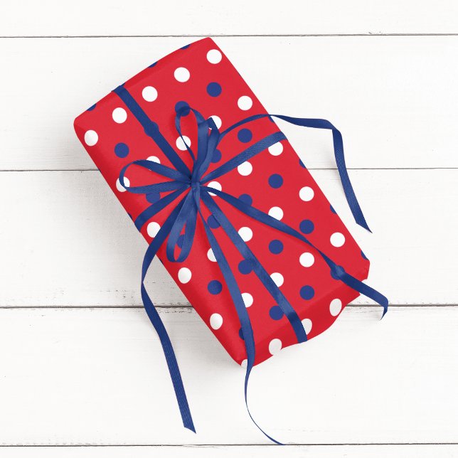 Papel De Presente Vermelho Branco e Azul Tricolor Bolinhas (Red White and Blue Tricolor Polka Dot Wrapping Paper)