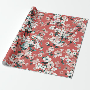 Papel De Presente Vermelho Branco Flor Ditsy Pastel Boho Vintage 70