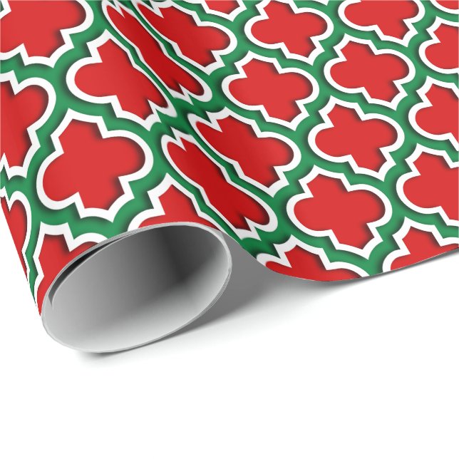 Papel De Presente Vermelho Branco Verde Escuro LG Quatrefoil Marroqu (Ponta do rolo)