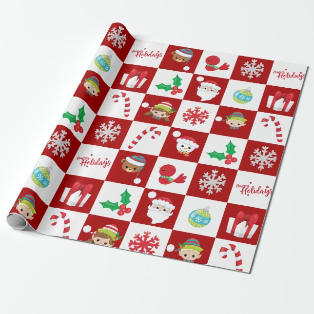 Papel De Presente Vermelho Branco Xadrez Natal Xmas Cartoon  (Desenrolado)