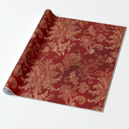 Papel De Presente Vermelho Carmesim e Dourado Damasco Vintage