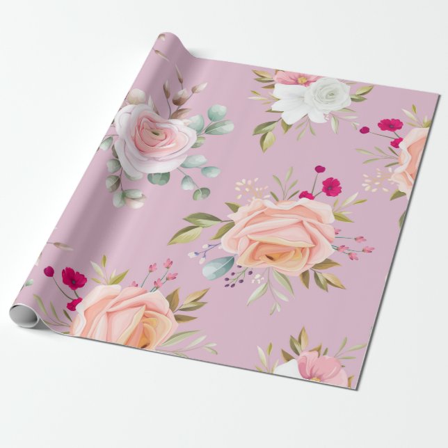 Papel De Presente vermelho chic moderno, floral rosa (Desenrolado)