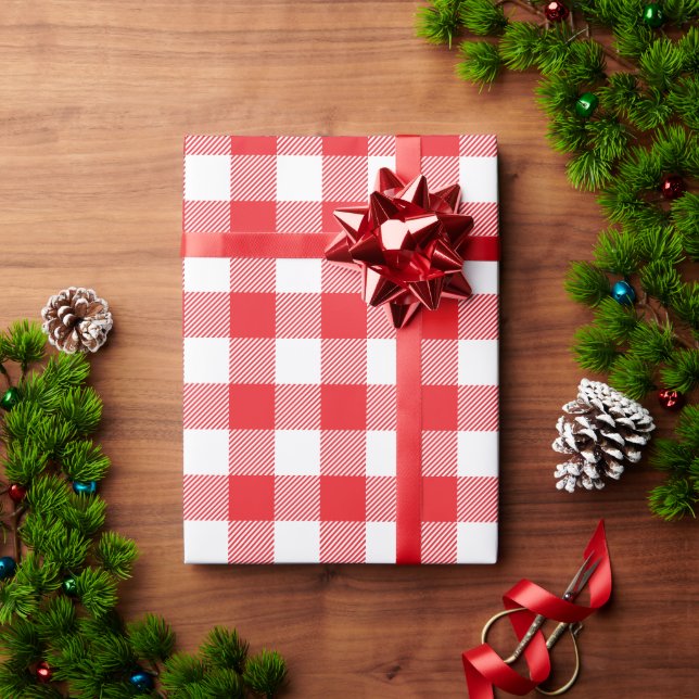 Papel De Presente Vermelho de Natal e Xadrez de Búfalo Branco (Presente de Natal)