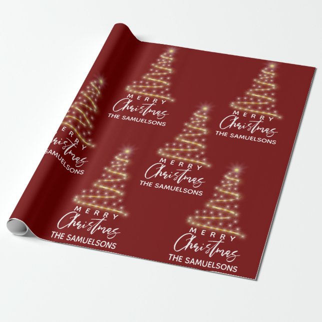 Papel De Presente Vermelho Dourado de Árvore de Natal Personalizado (Desenrolado)