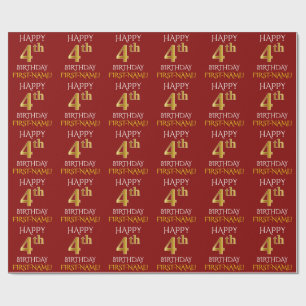 Papel De Presente Vermelho, Dourado "FELIZ 4º ANIVERSÁRIO"