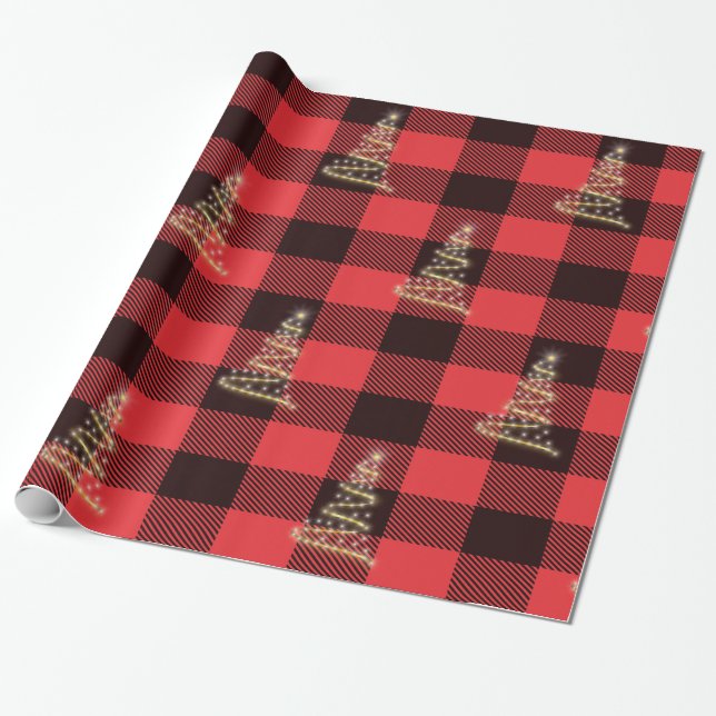 Papel De Presente Vermelho E Preto Xadrez Árvore De Natal Dourada Fe (Desenrolado)