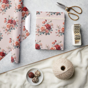 Papel De Presente Vermelho Elegante e Pêssego Blush Floral