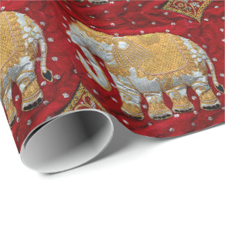 Papel De Presente Vermelho Embellished e ouro do elefante indiano