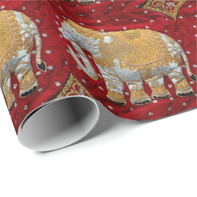 Papel De Presente Vermelho Embellished e ouro do elefante indiano (Ponta do rolo)