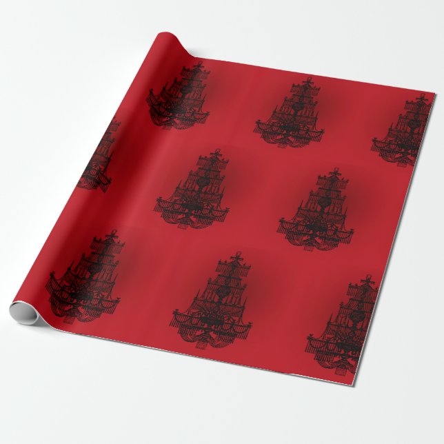 Papel De Presente Vermelho Escuro com Lustres Pretos (Desenrolado)
