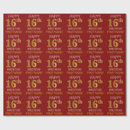 Papel De Presente Vermelho, Faux Dourado "FELIZ 16º ANIVERSÁRIO"
