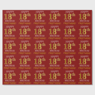 Papel De Presente Vermelho, Faux Dourado "FELIZ 18 ANOS"