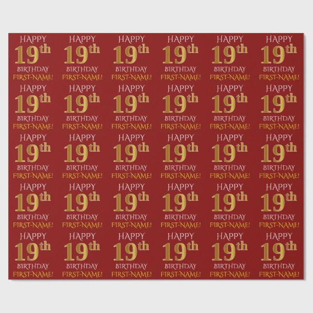 Papel De Presente Vermelho, Faux Dourado "FELIZ 19 ANOS" (Aberto)