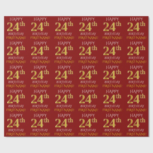 Papel De Presente Vermelho, Faux Dourado "FELIZ 24 ANOS" (Aberto)