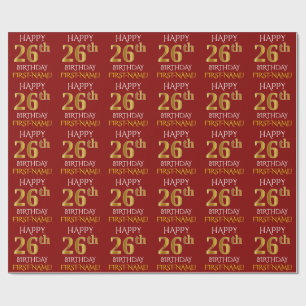 Papel De Presente Vermelho, Faux Dourado "FELIZ 26º ANIVERSÁRIO"