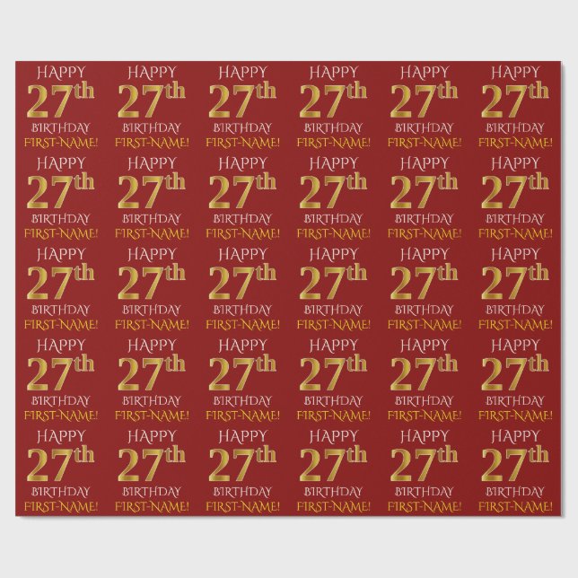 Papel De Presente Vermelho, Faux Dourado "FELIZ 27 ANOS" (Aberto)