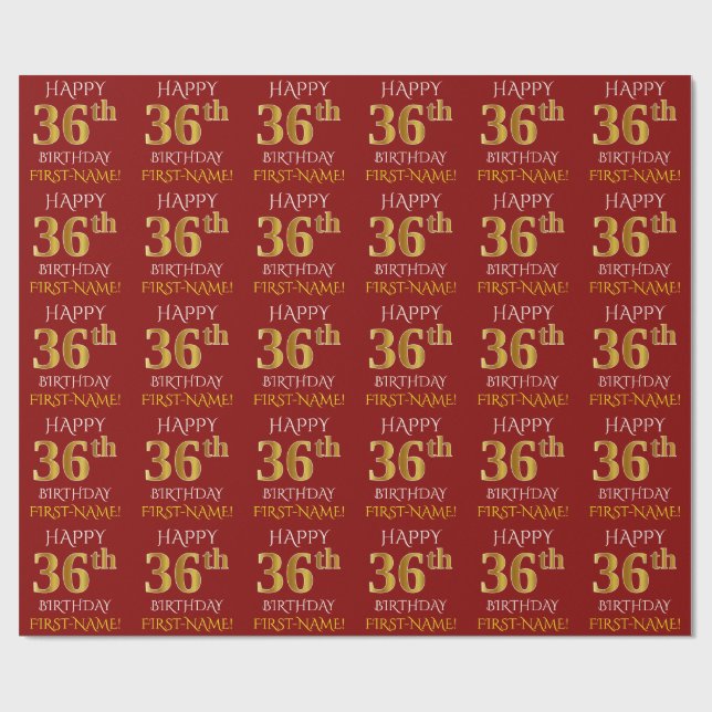 Papel De Presente Vermelho, Faux Dourado "FELIZ 36 ANOS" (Aberto)