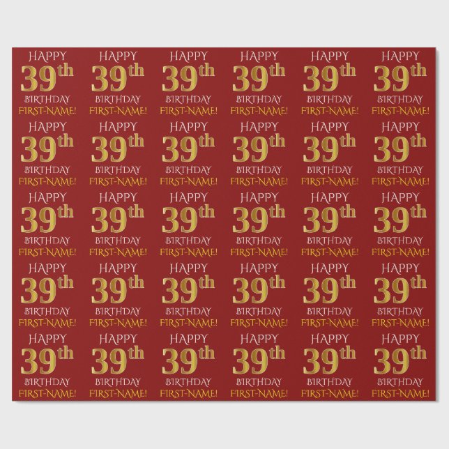 Papel De Presente Vermelho, Faux Dourado "FELIZ 39 ANOS" (Aberto)