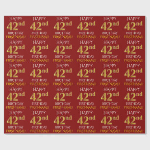 Papel De Presente Vermelho, Faux Dourado "FELIZ 42 ANIVERSÁRIO"