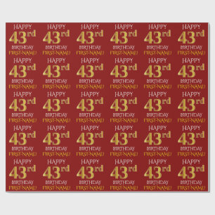 Papel De Presente Vermelho, Faux Dourado "FELIZ 43º ANIVERSÁRIO"