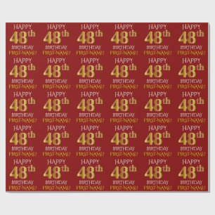 Papel De Presente Vermelho, Faux Dourado "FELIZ 48 ANIVERSÁRIO"