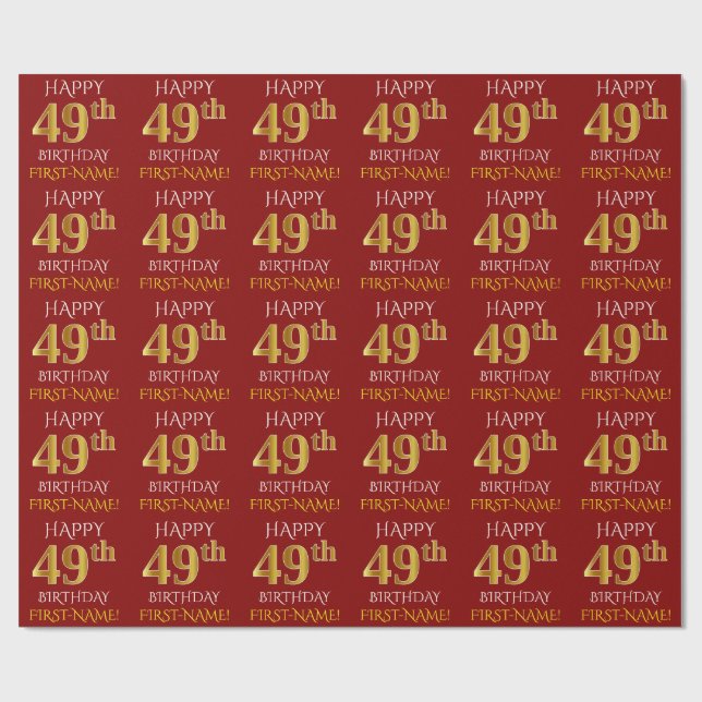 Papel De Presente Vermelho, Faux Dourado "FELIZ 49 ANOS" (Aberto)